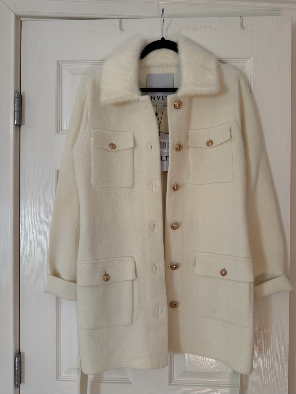 NVLT Ivory Wool-Blend Coat with Faux-Fur Collar